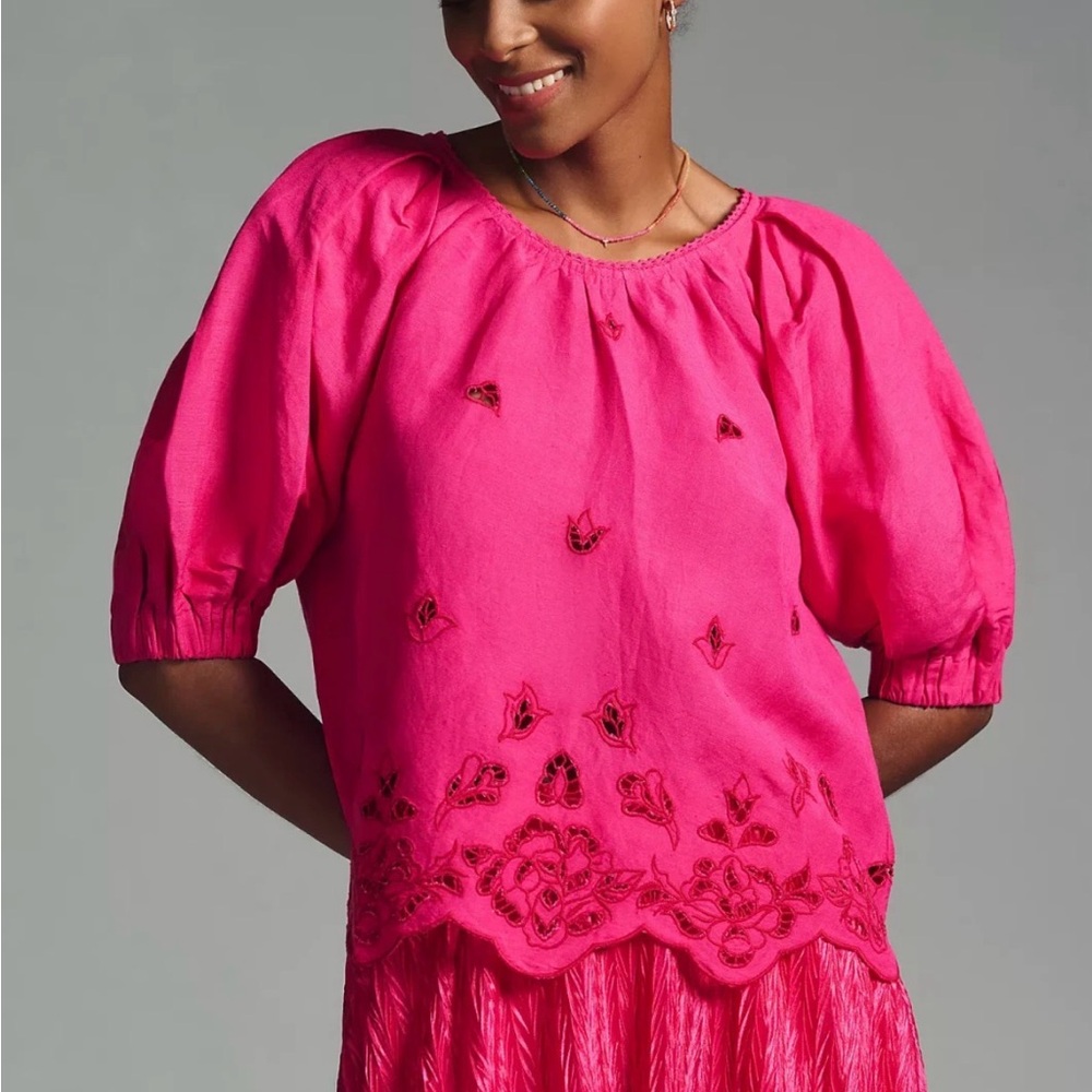 Anthropologie Cutwork Eyelet Embroidered Blouse Hot Pink size Small Bohemian